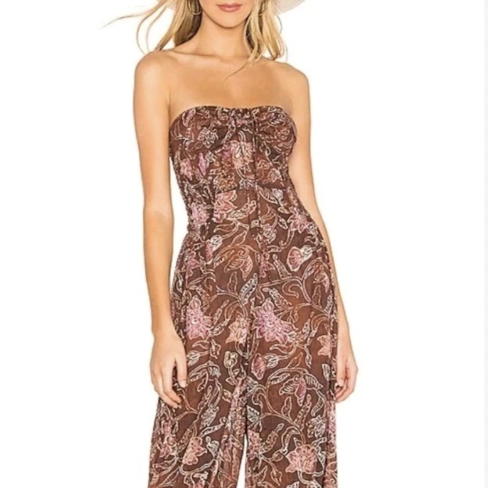 Free People Brown and Pink Strapless Paisley Jumpsuit